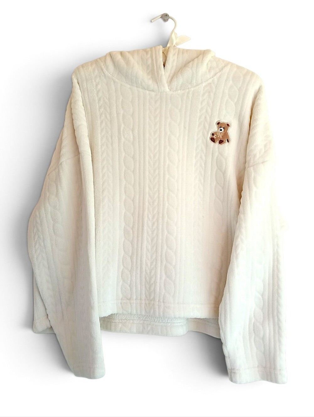 Cream Cable-Knit Teddy Hooded Sweatshirt with Bear Patch Oversized Super Soft